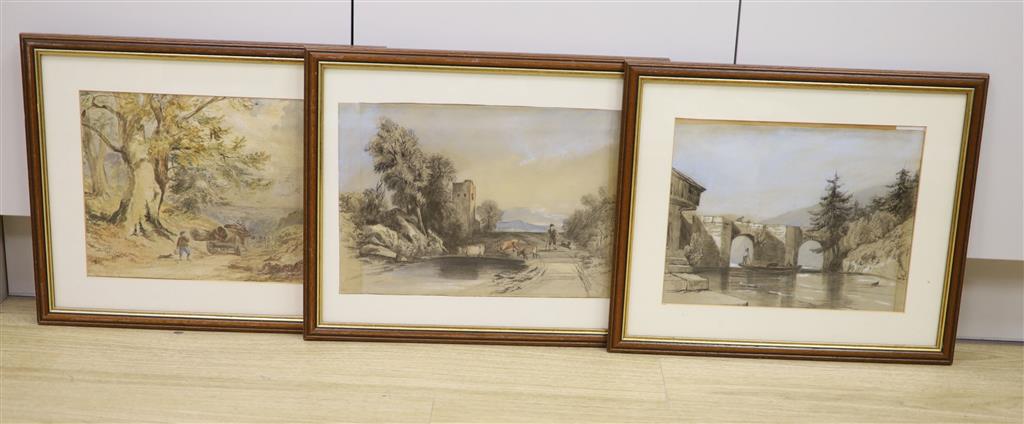 Three associated 19th century landscape studies, charcoal and wash on paper, to include a titled example On the Dart, 28 Feb 1853,